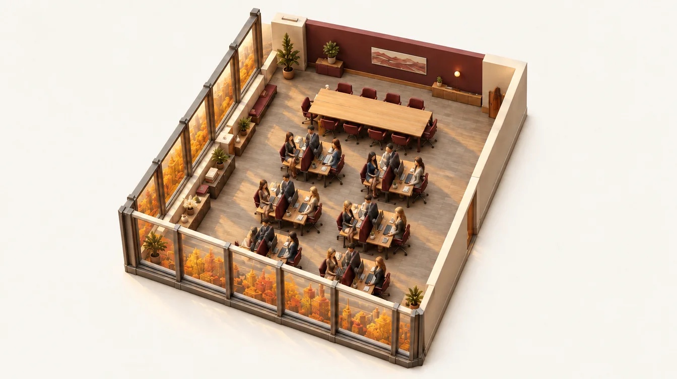 Isometric view of the open-plan office in autumn
