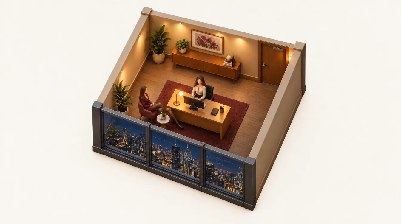 Isometric view of Heidi’s office at night